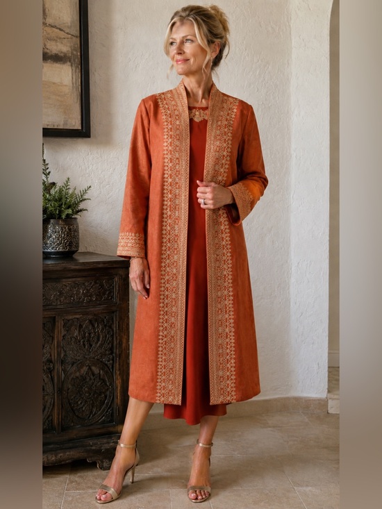Soft Surroundings Jackets & Blazers - Soft Surroundings orange faux suede boho embroidered duster size L